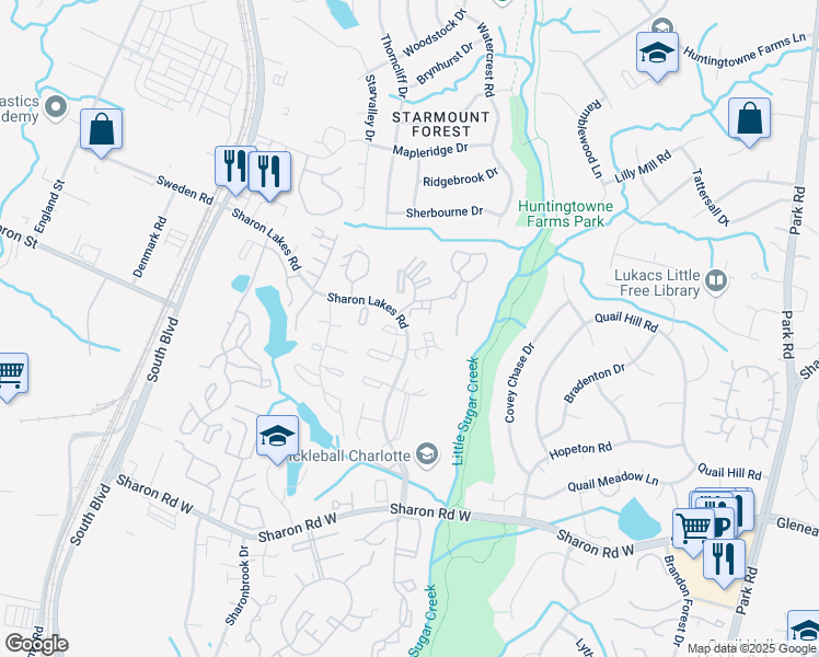 map of restaurants, bars, coffee shops, grocery stores, and more near 8113 Sharon Lakes Road in Charlotte