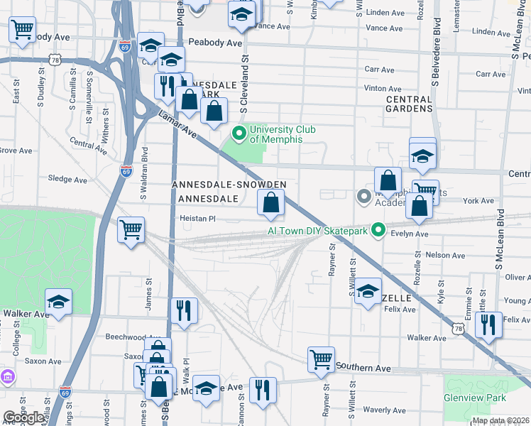 map of restaurants, bars, coffee shops, grocery stores, and more near 1409 Agnes Place in Memphis