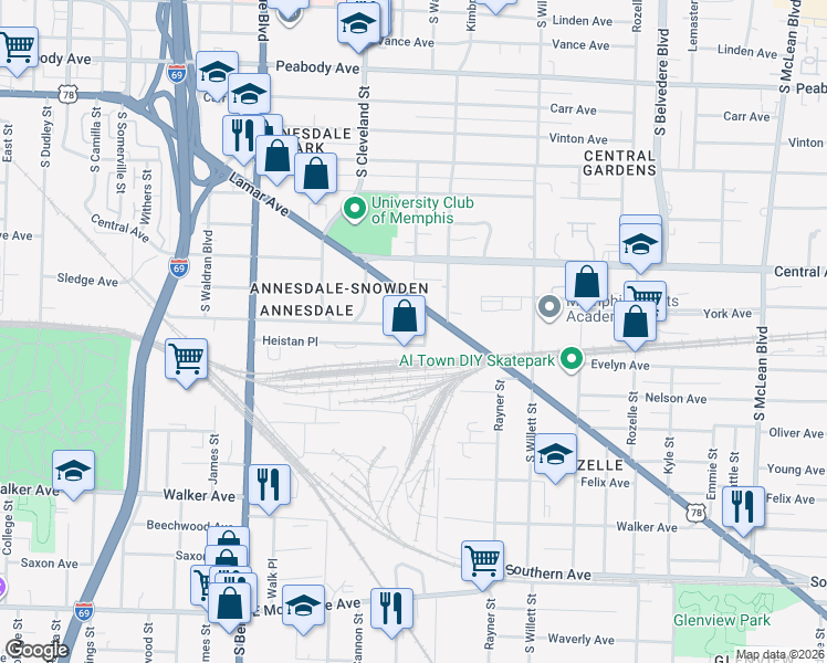 map of restaurants, bars, coffee shops, grocery stores, and more near 1409 Agnes Place in Memphis