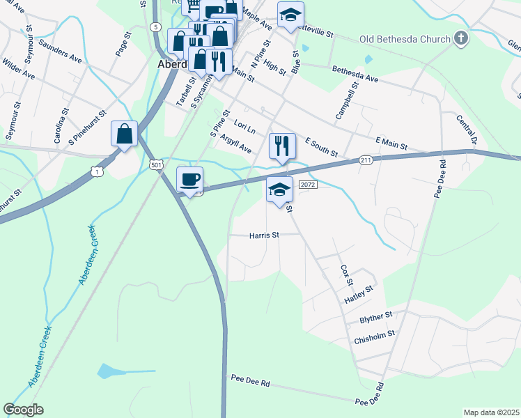 map of restaurants, bars, coffee shops, grocery stores, and more near in Southern Pines