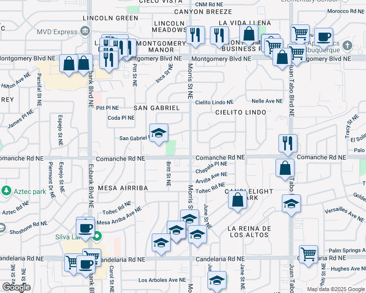 map of restaurants, bars, coffee shops, grocery stores, and more near 10301 Comanche Road Northeast in Albuquerque