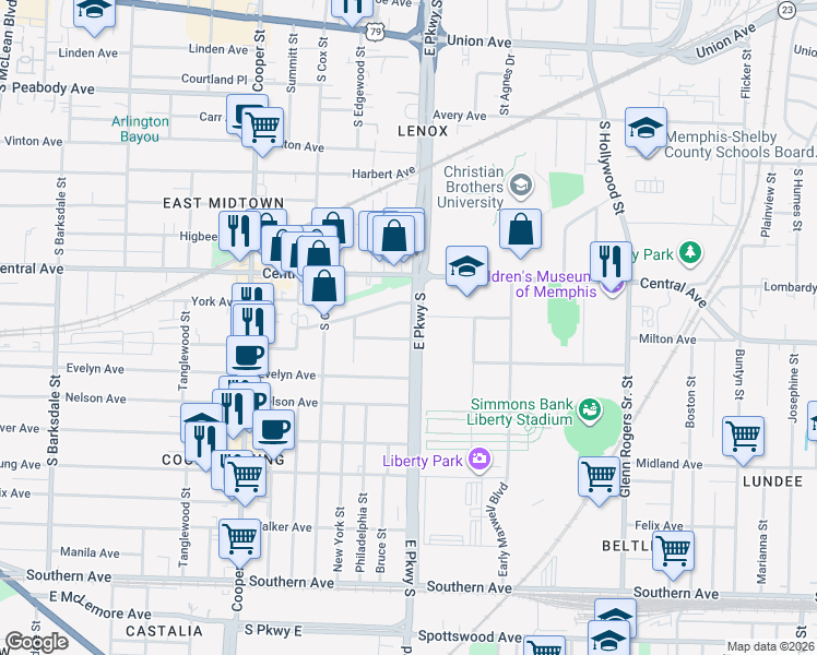 map of restaurants, bars, coffee shops, grocery stores, and more near 2310 Elzey Avenue in Memphis