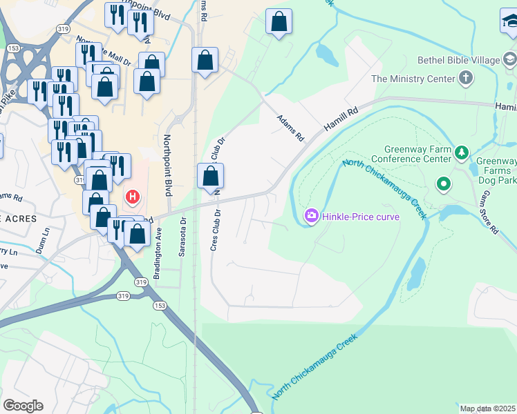 map of restaurants, bars, coffee shops, grocery stores, and more near 4926 Meadow Trace Lane in Chattanooga