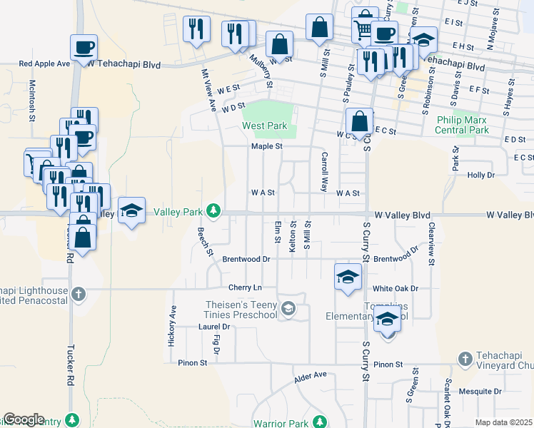 map of restaurants, bars, coffee shops, grocery stores, and more near 514 West Valley Boulevard in Tehachapi