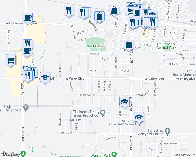 map of restaurants, bars, coffee shops, grocery stores, and more near 502 West Valley Boulevard in Tehachapi