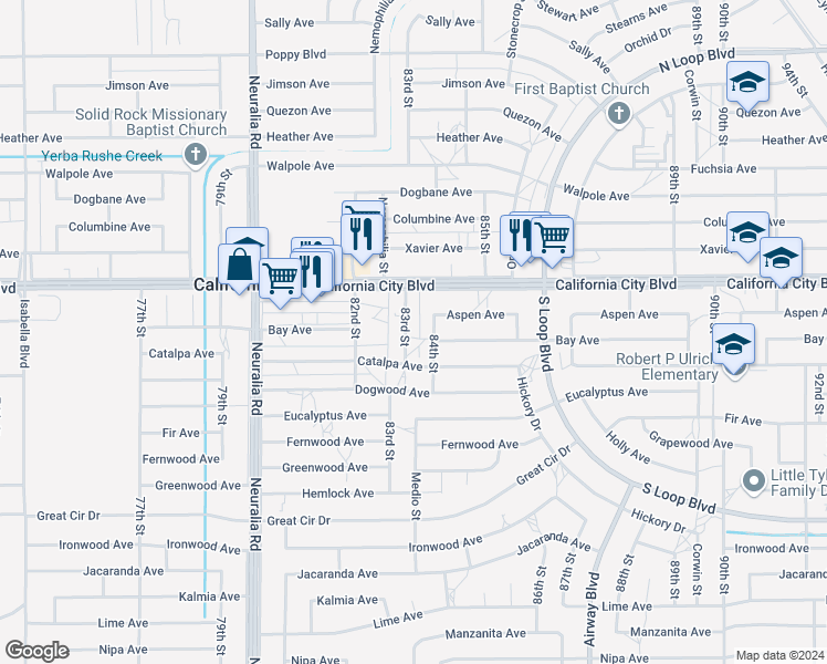 map of restaurants, bars, coffee shops, grocery stores, and more near in California City