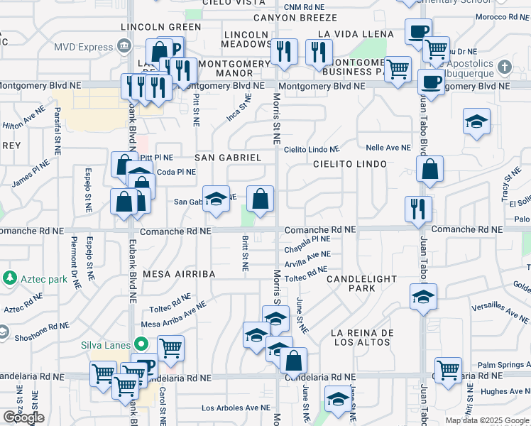 map of restaurants, bars, coffee shops, grocery stores, and more near 10301 Comanche Road Northeast in Albuquerque