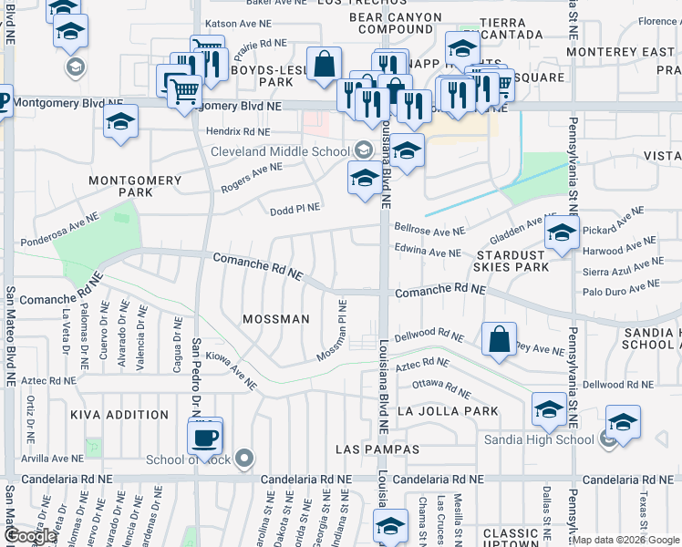 map of restaurants, bars, coffee shops, grocery stores, and more near 3604 Georgia Street Northeast in Albuquerque