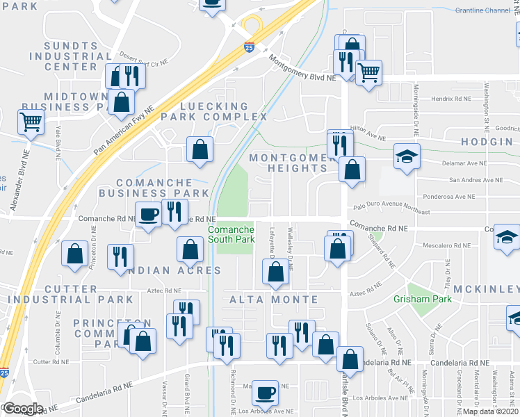 map of restaurants, bars, coffee shops, grocery stores, and more near 3135 Comanche Road Northeast in Albuquerque