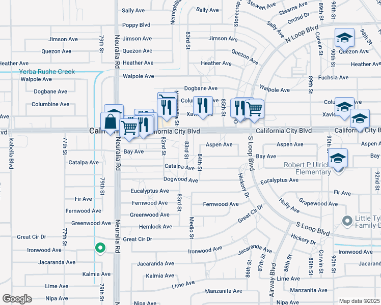 map of restaurants, bars, coffee shops, grocery stores, and more near 20912 83rd Street in California City