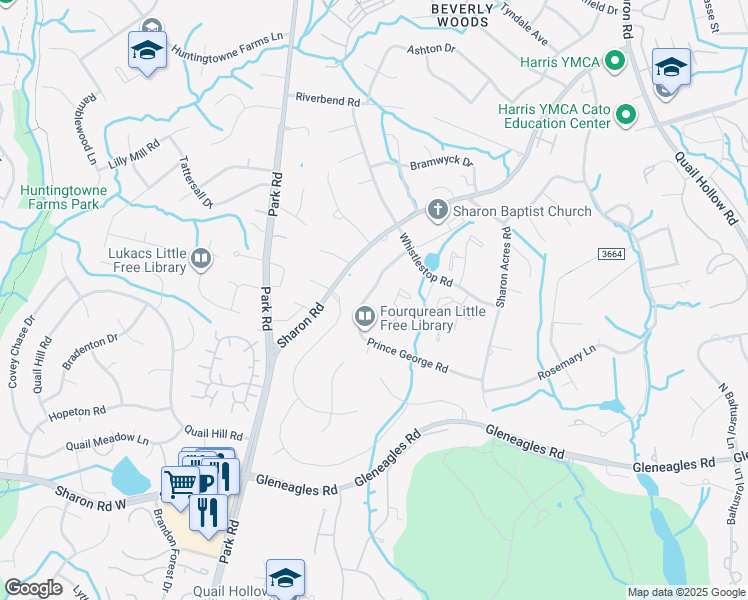 map of restaurants, bars, coffee shops, grocery stores, and more near 8402 Prince George Road in Charlotte