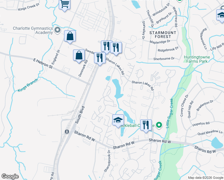 map of restaurants, bars, coffee shops, grocery stores, and more near 7908 Waterford Lakes Drive in Charlotte