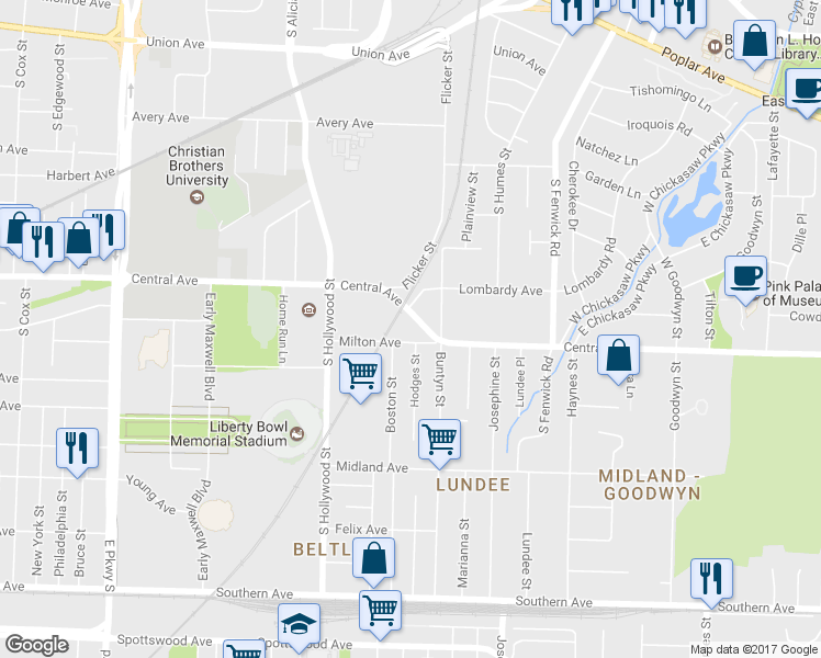 map of restaurants, bars, coffee shops, grocery stores, and more near 2685 Illinois Central Railroad in Memphis