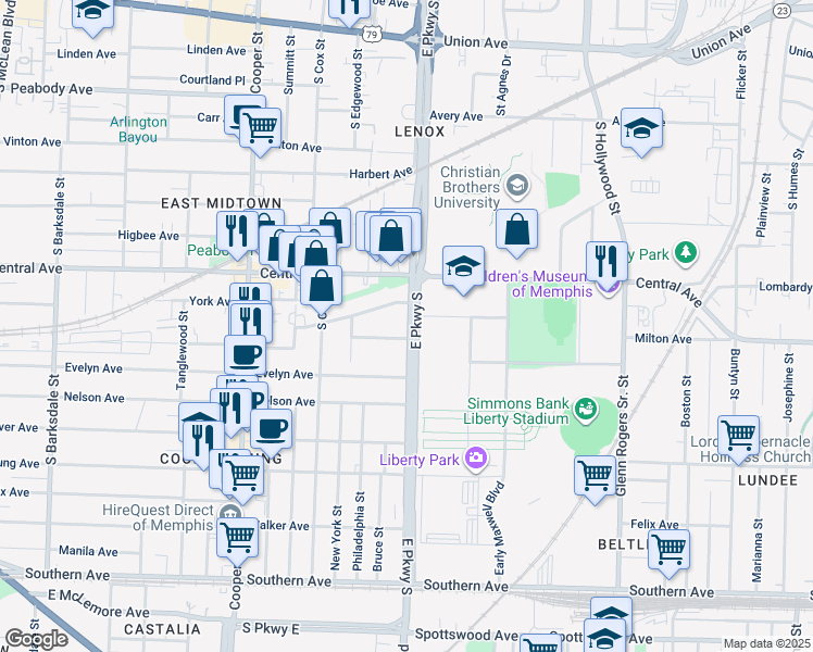 map of restaurants, bars, coffee shops, grocery stores, and more near 2310 Elzey Avenue in Memphis
