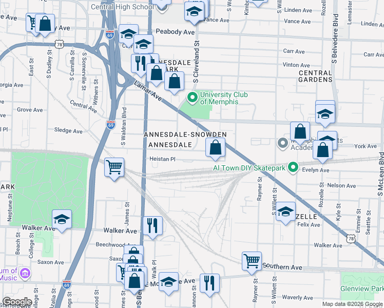 map of restaurants, bars, coffee shops, grocery stores, and more near 1317 Agnes Place in Memphis