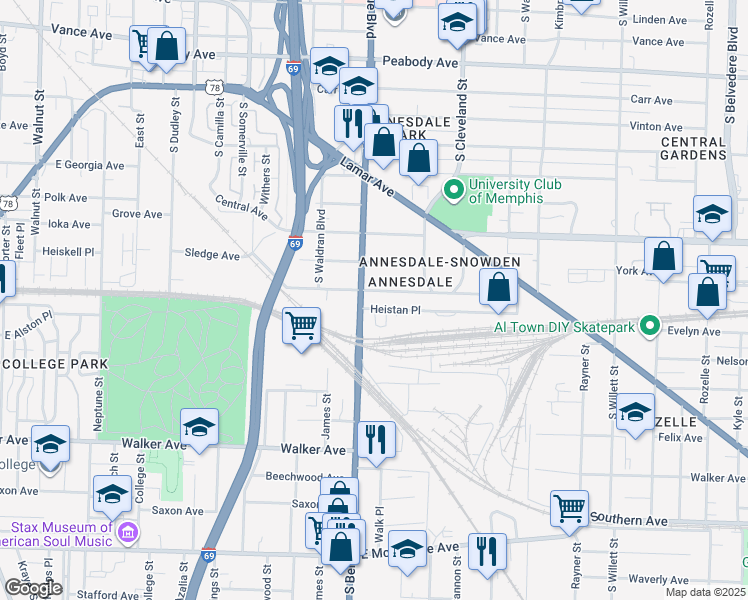map of restaurants, bars, coffee shops, grocery stores, and more near 1236 Heistan Place in Memphis