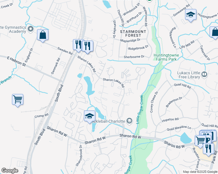 map of restaurants, bars, coffee shops, grocery stores, and more near 7907 Oak Meadow Court in Charlotte