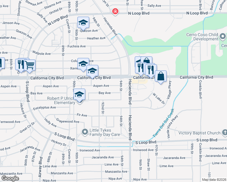 map of restaurants, bars, coffee shops, grocery stores, and more near 9301 Bay Avenue in California City