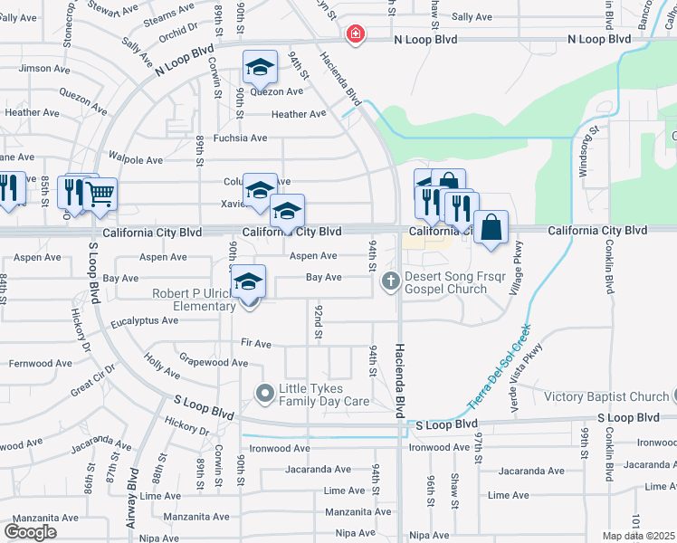 map of restaurants, bars, coffee shops, grocery stores, and more near 9225 Bay Avenue in California City