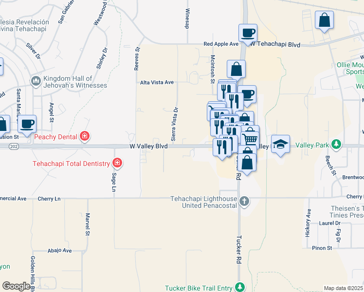 map of restaurants, bars, coffee shops, grocery stores, and more near California 202 in Tehachapi