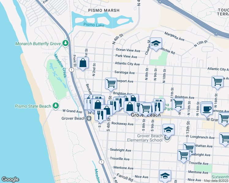map of restaurants, bars, coffee shops, grocery stores, and more near 461 Brighton Avenue in Grover Beach