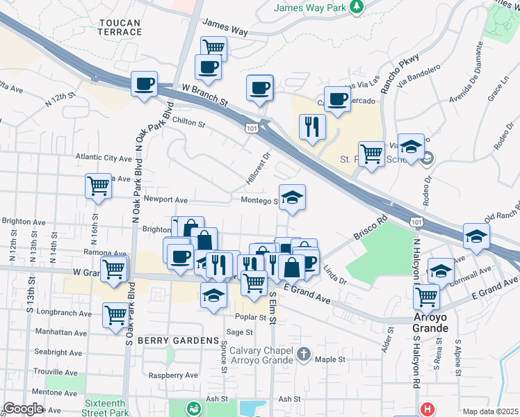 map of restaurants, bars, coffee shops, grocery stores, and more near 334 Corona Del Terra in Arroyo Grande