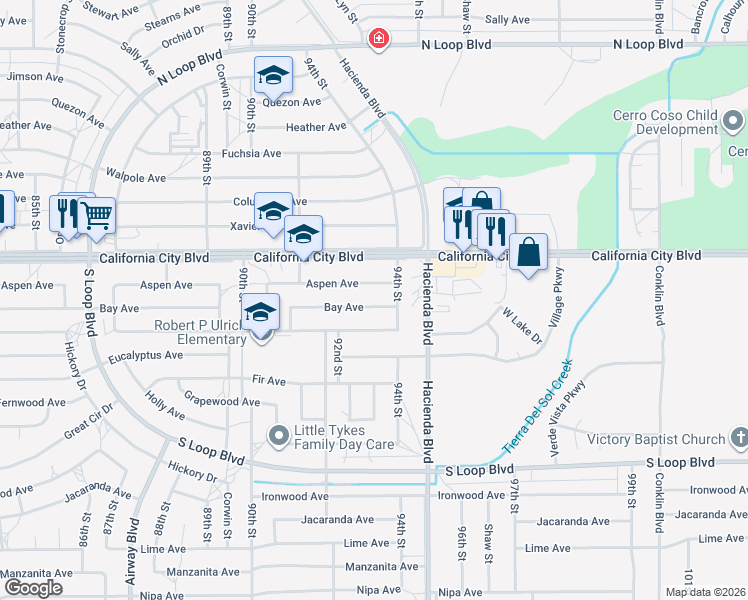 map of restaurants, bars, coffee shops, grocery stores, and more near 9301 Bay Avenue in California City
