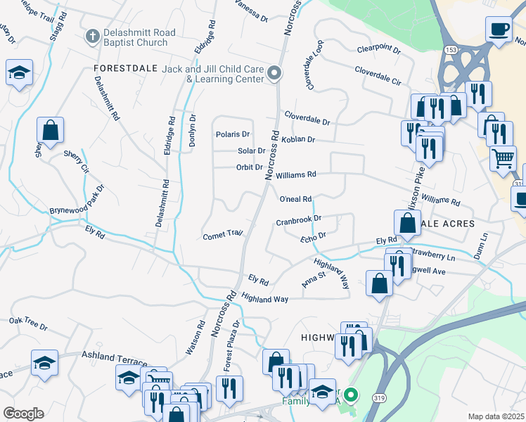 map of restaurants, bars, coffee shops, grocery stores, and more near 4326 Norcross Road in Chattanooga
