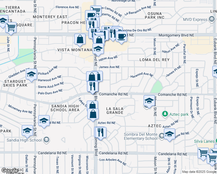 map of restaurants, bars, coffee shops, grocery stores, and more near 3613 General Bradley Street Northeast in Albuquerque