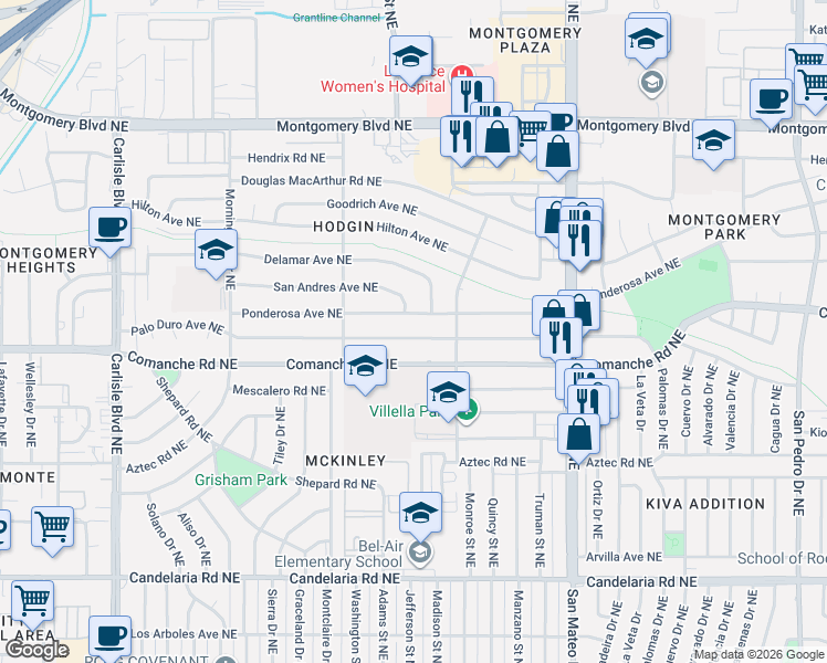 map of restaurants, bars, coffee shops, grocery stores, and more near 4600 Palo Duro Avenue Northeast in Albuquerque