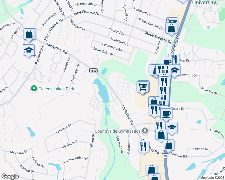map of restaurants, bars, coffee shops, grocery stores, and more near 2609 Crowfield Ct in Fayetteville