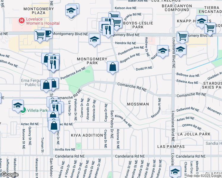 map of restaurants, bars, coffee shops, grocery stores, and more near 3535 San Pedro Drive Northeast in Albuquerque
