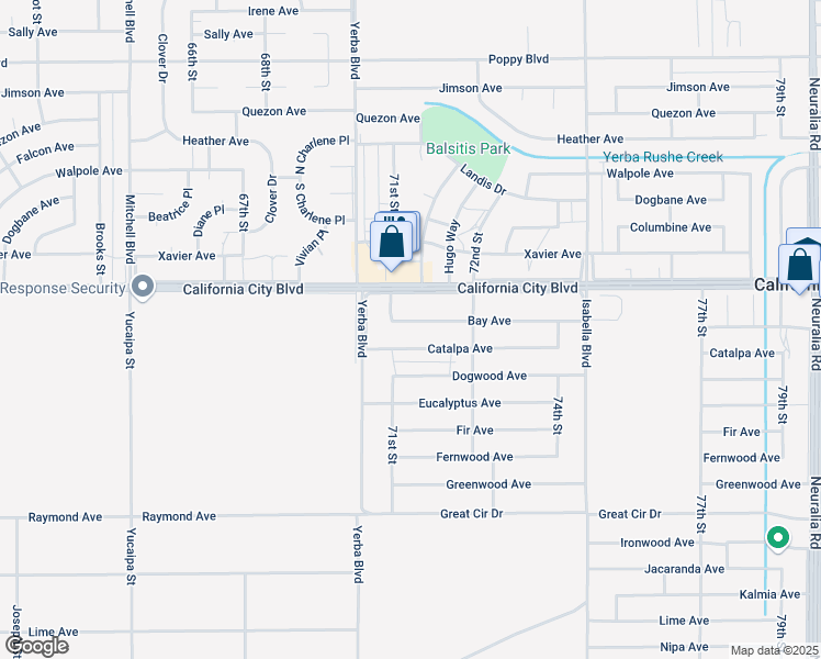 map of restaurants, bars, coffee shops, grocery stores, and more near 7118 Bay Avenue in California City