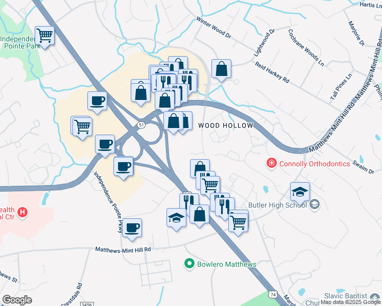 map of restaurants, bars, coffee shops, grocery stores, and more near 2300 Overcash Drive in Matthews