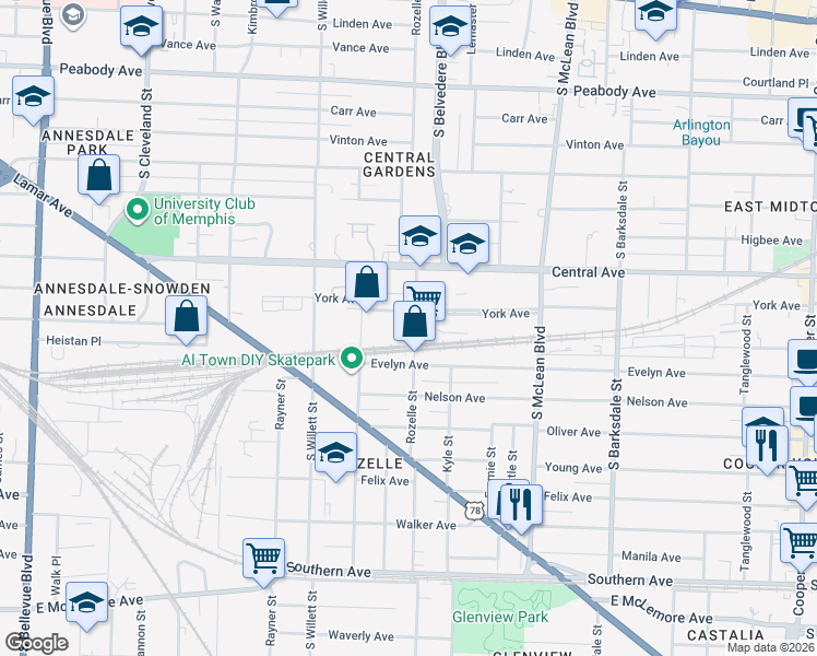 map of restaurants, bars, coffee shops, grocery stores, and more near 802 Rozelle Street in Memphis