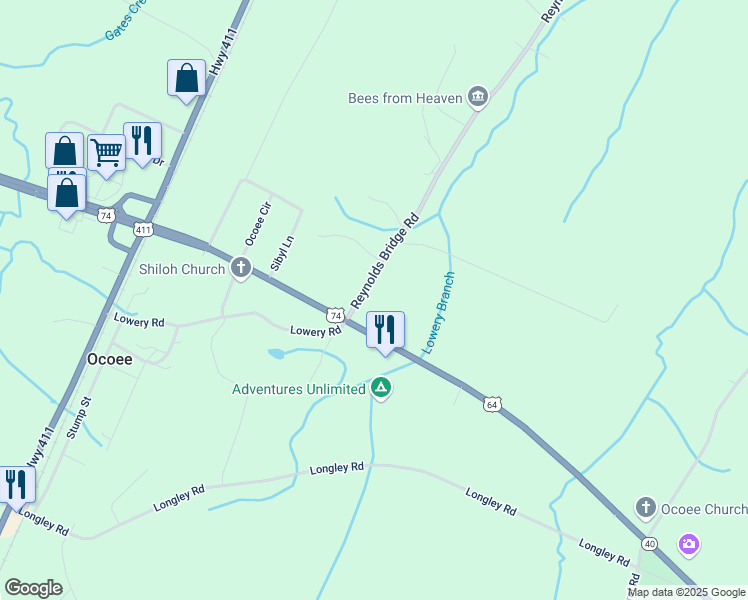 map of restaurants, bars, coffee shops, grocery stores, and more near 128 Reynolds Bridge Road in Ocoee