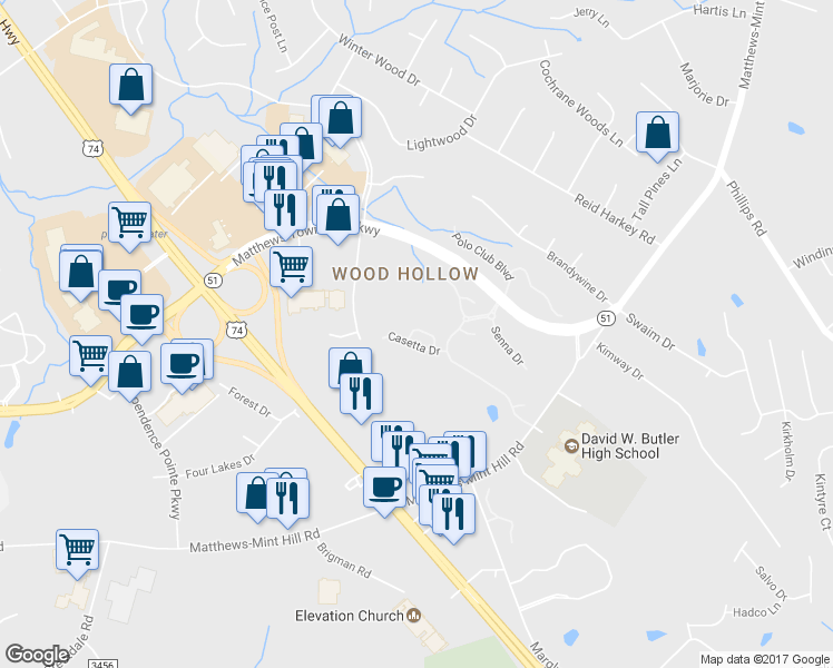 map of restaurants, bars, coffee shops, grocery stores, and more near 10852 Casetta Drive in Matthews