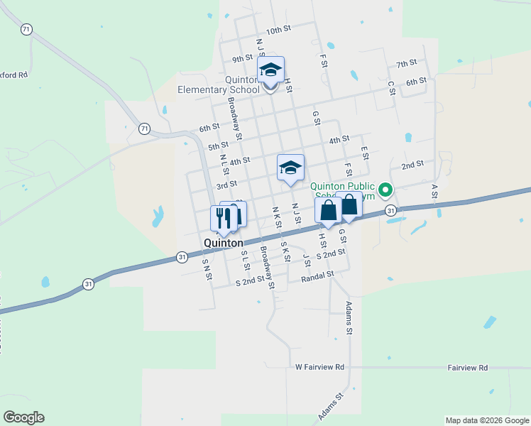 map of restaurants, bars, coffee shops, grocery stores, and more near 209 1st Street in Quinton