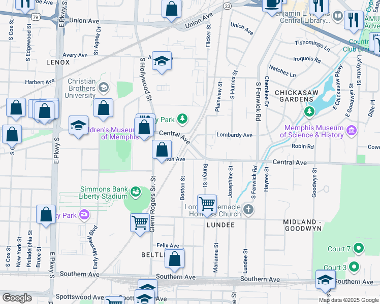 map of restaurants, bars, coffee shops, grocery stores, and more near 2670 Central Avenue in Memphis