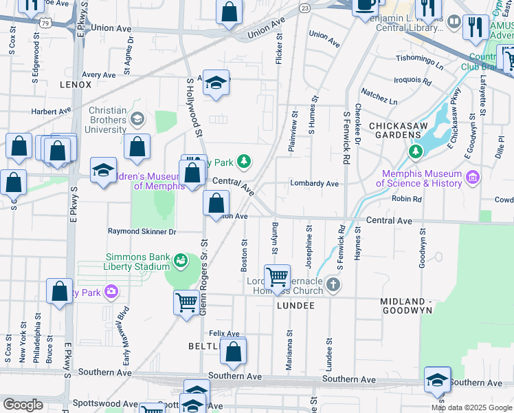 map of restaurants, bars, coffee shops, grocery stores, and more near 2678 Central Terrace in Memphis