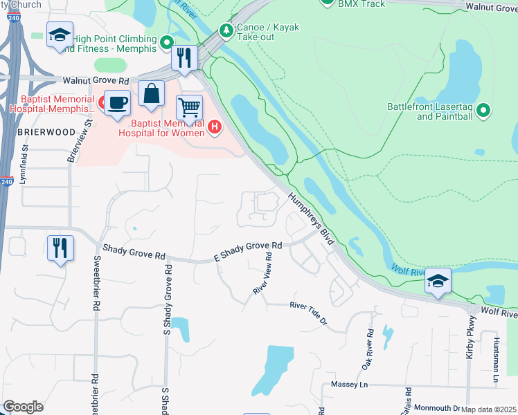 map of restaurants, bars, coffee shops, grocery stores, and more near 225 Arbor Commons Circle in Memphis