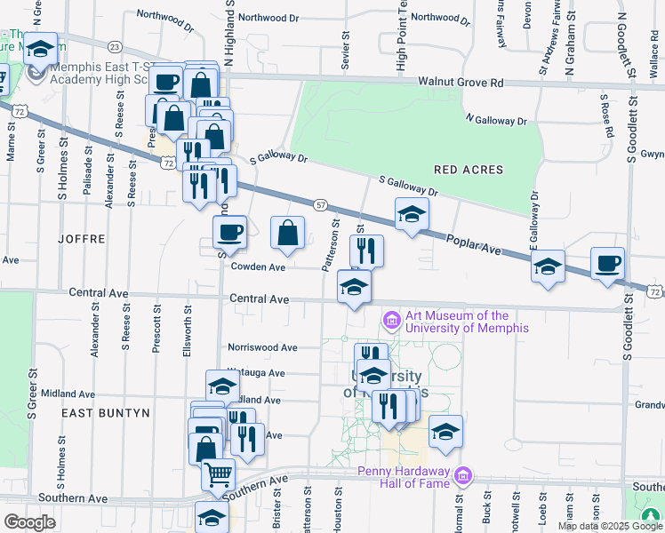 map of restaurants, bars, coffee shops, grocery stores, and more near 276 Patterson Street in Memphis