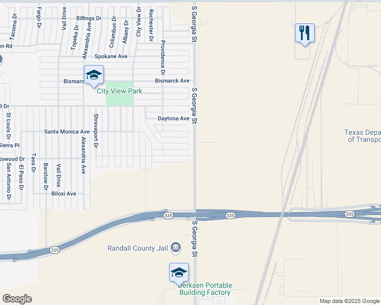 map of restaurants, bars, coffee shops, grocery stores, and more near South Georgia Street in Amarillo