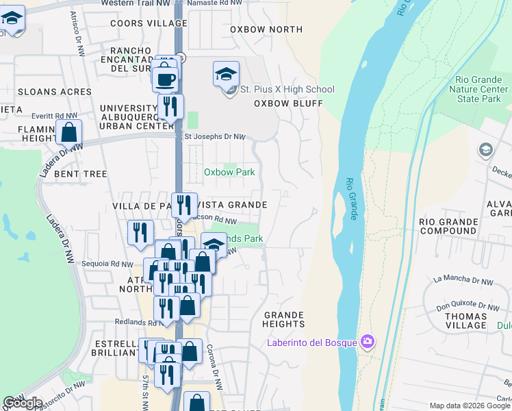 map of restaurants, bars, coffee shops, grocery stores, and more near 3720 Alamogordo Drive Northwest in Albuquerque