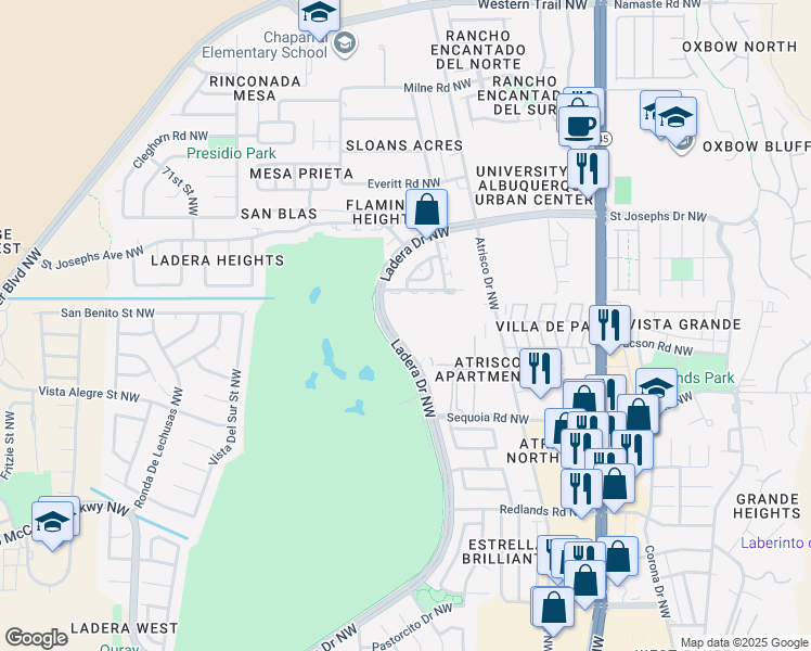map of restaurants, bars, coffee shops, grocery stores, and more near 3704 Ladera Drive Northwest in Albuquerque
