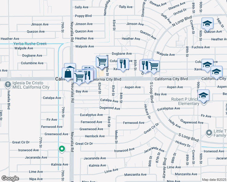 map of restaurants, bars, coffee shops, grocery stores, and more near 20912 83rd Street in California City