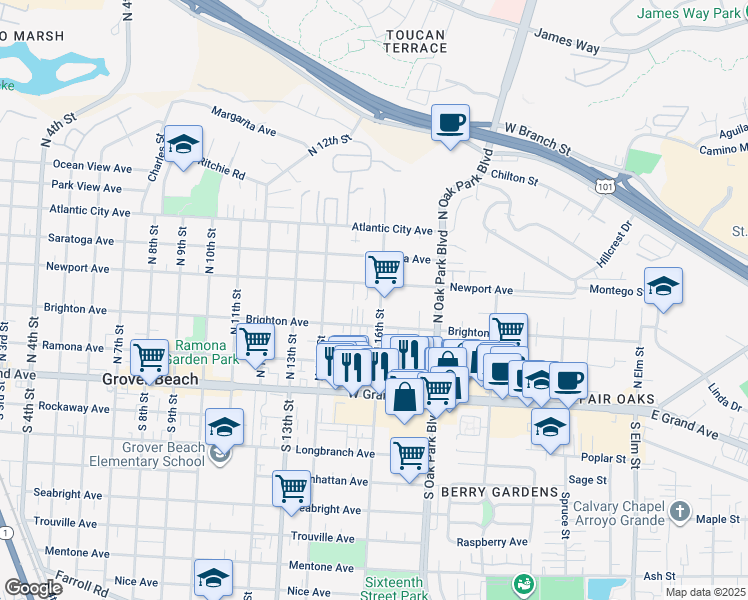 map of restaurants, bars, coffee shops, grocery stores, and more near 1551 Brighton Avenue in Grover Beach