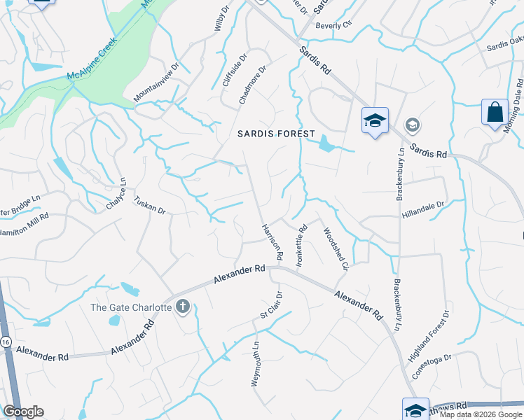 map of restaurants, bars, coffee shops, grocery stores, and more near 6616 Harrison Road in Charlotte