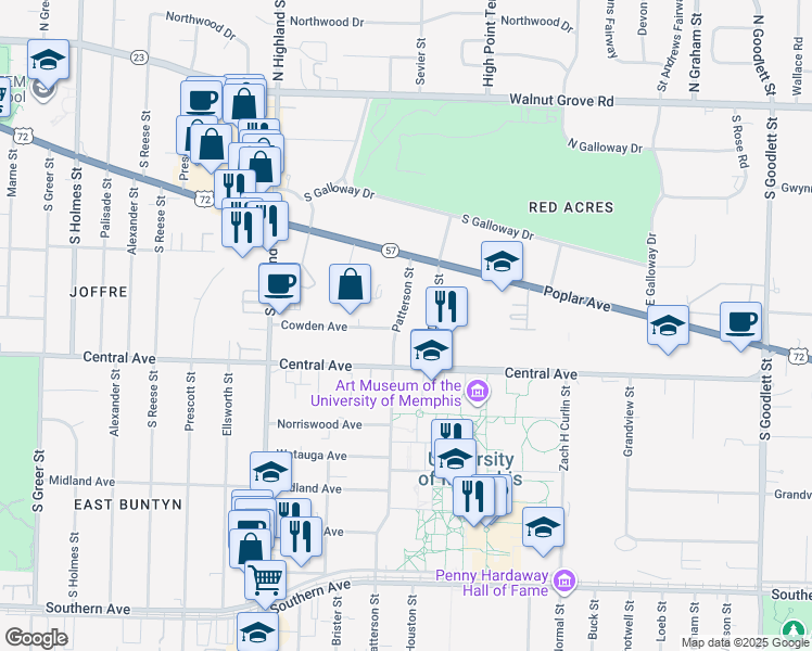 map of restaurants, bars, coffee shops, grocery stores, and more near 276 Patterson Street in Memphis