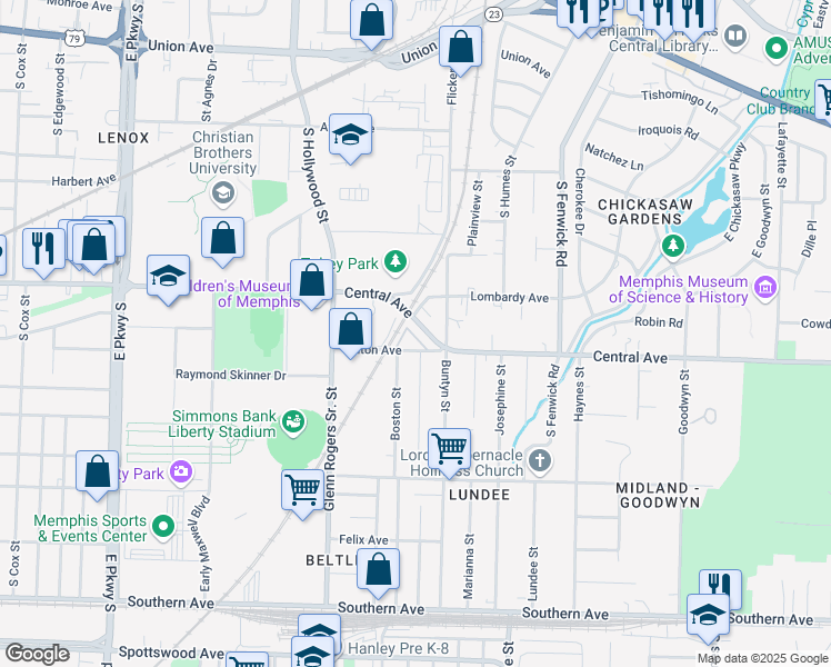 map of restaurants, bars, coffee shops, grocery stores, and more near 2685 Illinois Central Railroad in Memphis